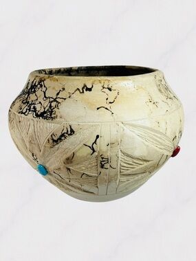 Artisan Cream Ceramic Planter with Turquoise and Red Accent Stones